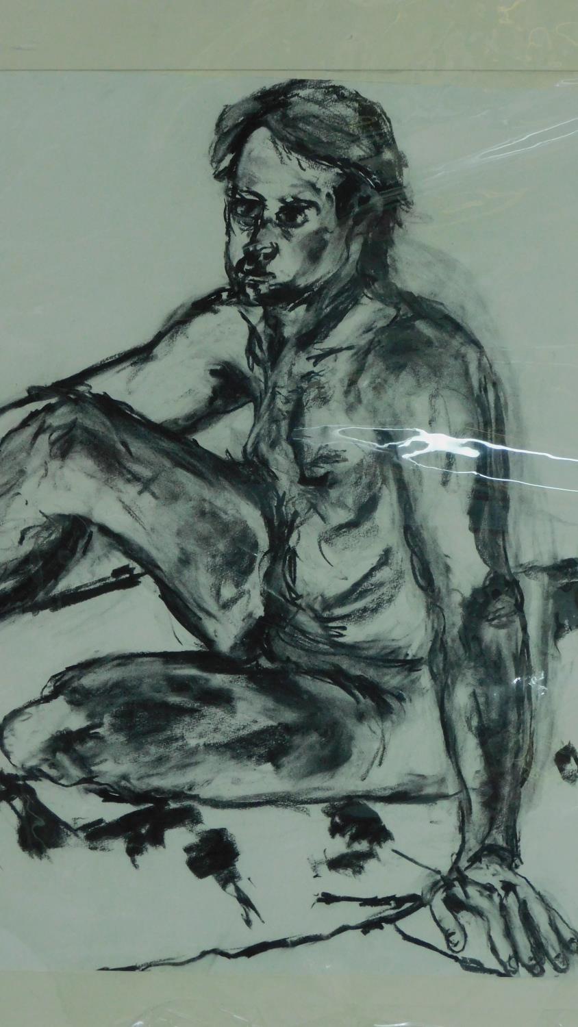 Three unframed mounted charcoal sketches, nude studies, monogrammed G H - 90x70cm (largest) - Image 3 of 5