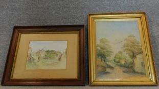 A 19th century framed and glazed watercolour country landscape and a framed pen and ink drawing.