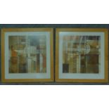 A pair of framed and glazed prints, cubist style Wall Street Journal. 65.5x63.5cm