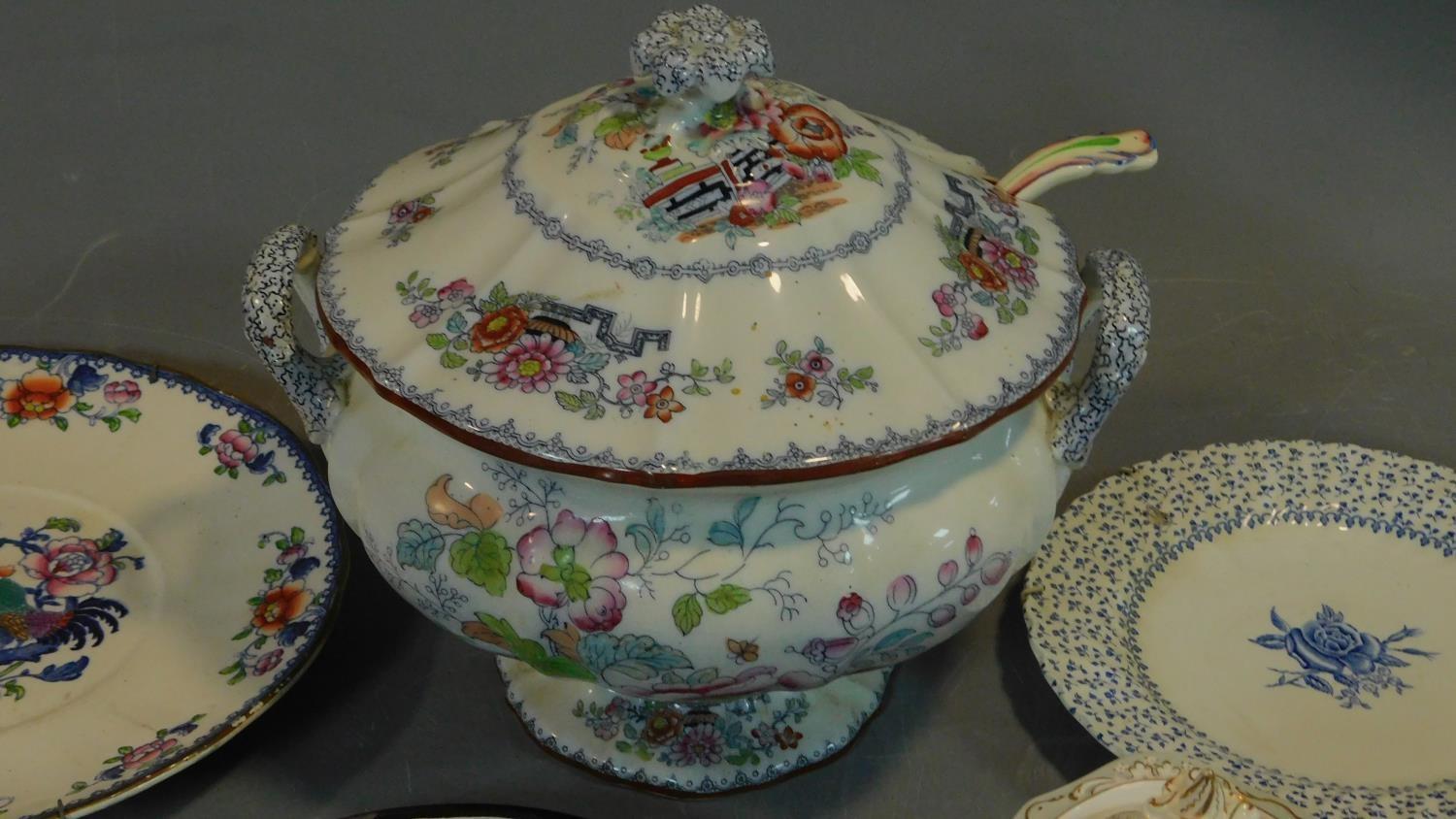 A 19th century Staffordshire ironstone tureen and cover (associated ladle) and various other - Image 9 of 18