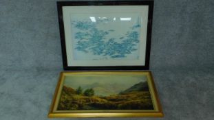 A large framed and glazed print, Japanese islands and a reproduction of a Highland Scene. 78x100 (