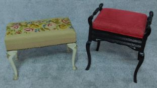 An Edwardian piano stool with lift up lid and a footstool with needlepoint upholstery. H.54 W.50 D.