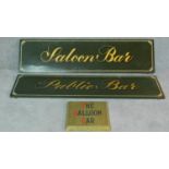 Two signwritten pub signs and a brass sign. 35x137 (largest)