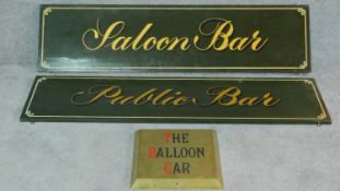 Two signwritten pub signs and a brass sign. 35x137 (largest)