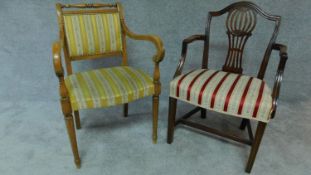 A 19th century mahogany Hepplewhite style armchair and a later French style armchair. H.89 (tallest)