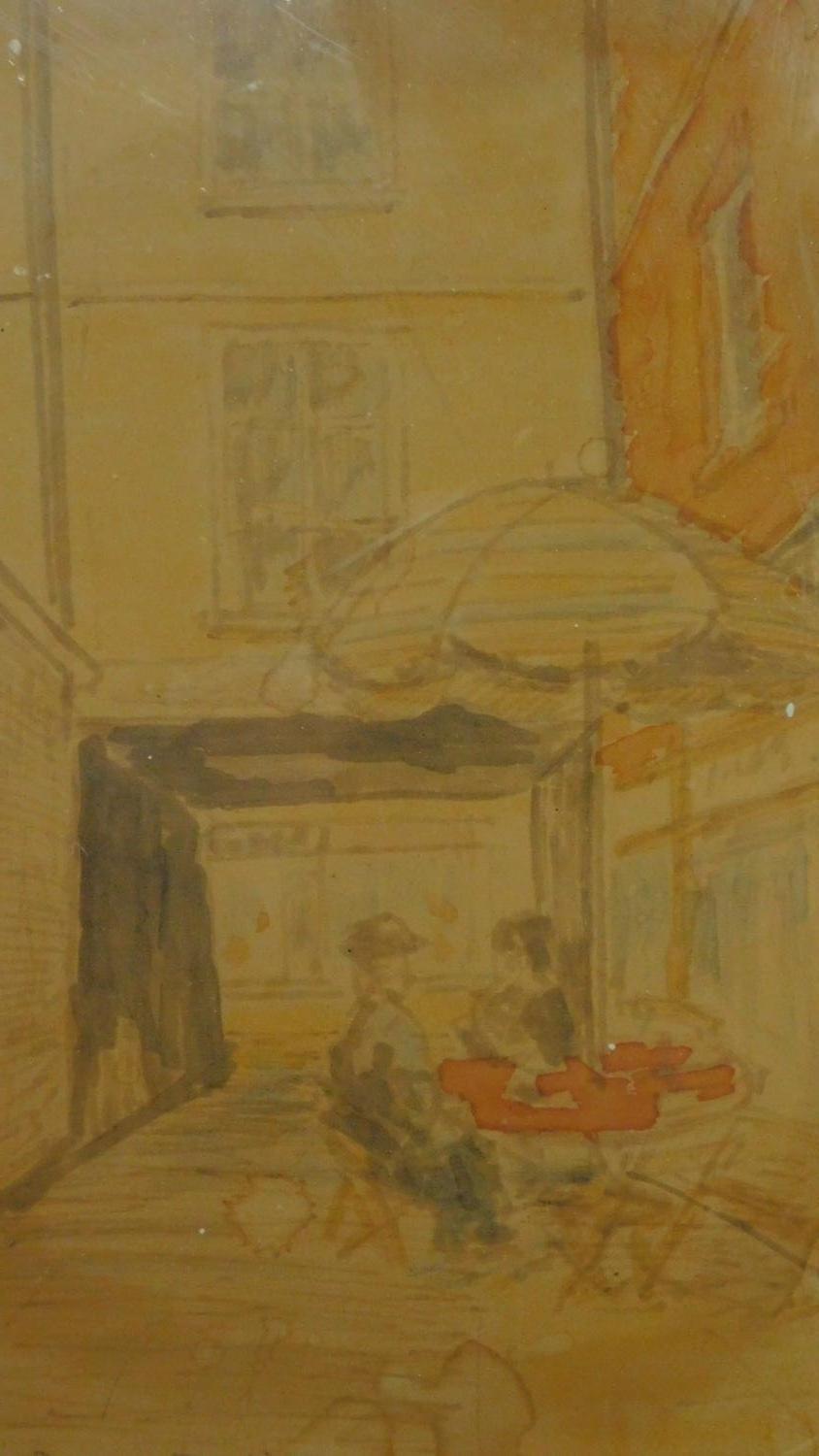 One water colour and one coloured pencil sketch, both showing city scenes one of a Parisian cafe, - Image 4 of 5