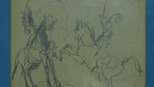 Two pencil sketches by Scottish artist Ishbel Mcwhirter, depicting soldiers on horse back, both