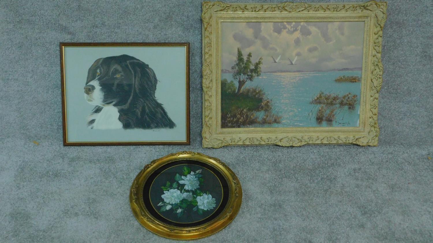 A gilt framed oval oil on board, flowers, an oil on canvas lake scene and and a pastel portrait of a