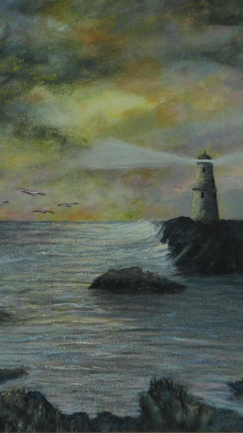 A framed oil on canvas, lighthouse and another of a distant storm at sea. 93x74cm (largest) - Image 2 of 6