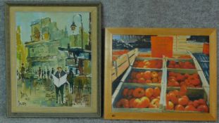 Two framed oils on canvas, Paris, signed Pierre 1956, (canvas needs stretching) and a market