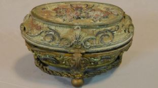 A carved and gilt metal miniature box fitted for scent bottles. H.8 W.12 D.7cm