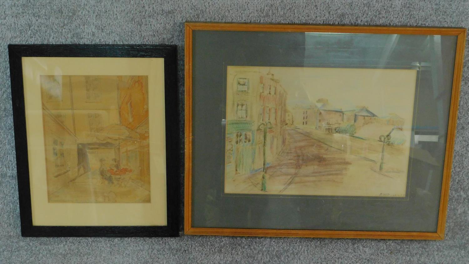 One water colour and one coloured pencil sketch, both showing city scenes one of a Parisian cafe,