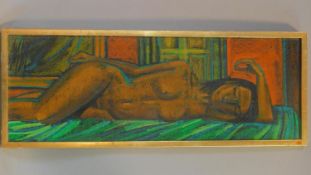 A framed oil on board, Maurice Man, nude, monogrammed top left. 76x29cm