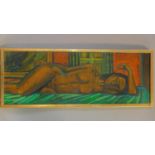 A framed oil on board, Maurice Man, nude, monogrammed top left. 76x29cm