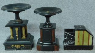 Three miscellaneous 19th century slate, marble and brass clock side pieces. H.26 (tallest)