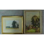 A framed and glazed watercolour, cart on a bridge in bucolic scene, indistinctly signed and a
