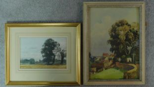 A framed and glazed watercolour, cart on a bridge in bucolic scene, indistinctly signed and a