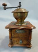 Vintage German Coffee Grinder, Oak and brass Plaque with deer and 'PATENTAMTL. GESCHULTZ.