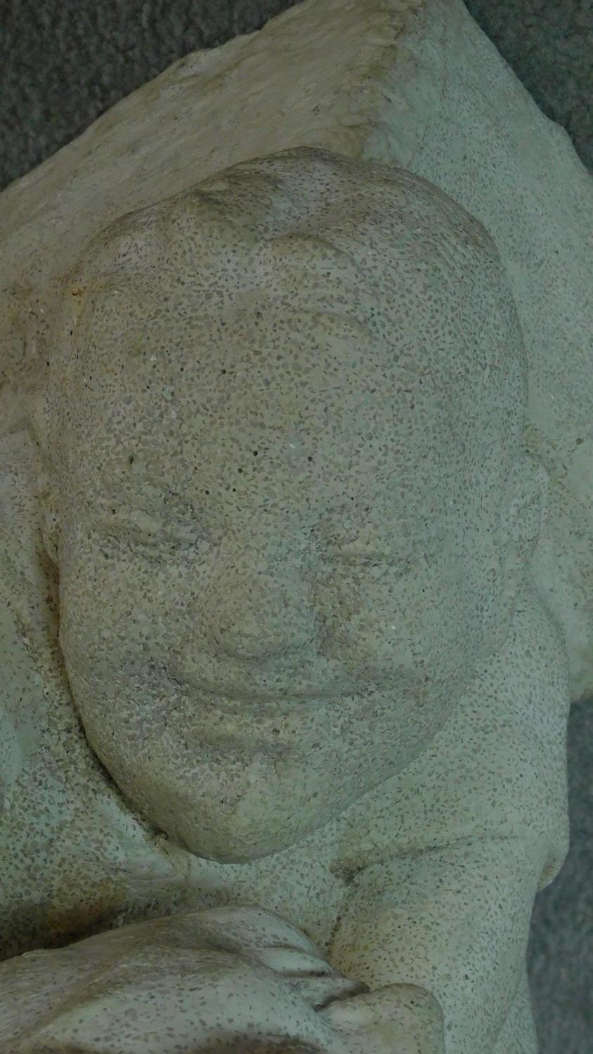 A stone bust of mother and child, the mother is looking down at her son who has his arms around - Image 4 of 5
