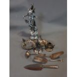 A collection of silver plate and a metal sculpture, including squirrel related items, cutlery and