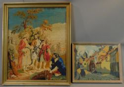 A framed tapestry of a biblical scene and another of a continental street. 67x88cm (largest)