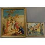 A framed tapestry of a biblical scene and another of a continental street. 67x88cm (largest)