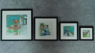 Four framed and glazed collages by Sabine Papy, artist gallery label verso. 47x47cm