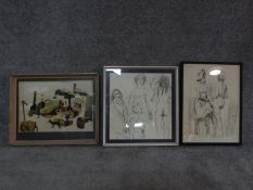 Two pencil sketches and a painting. Painting of abstract rural scene with a dog