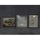 Two pencil sketches and a painting. Painting of abstract rural scene with a dog