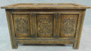 A small carved oak Jacobean style coffer. H.46 W.77 D.40cm