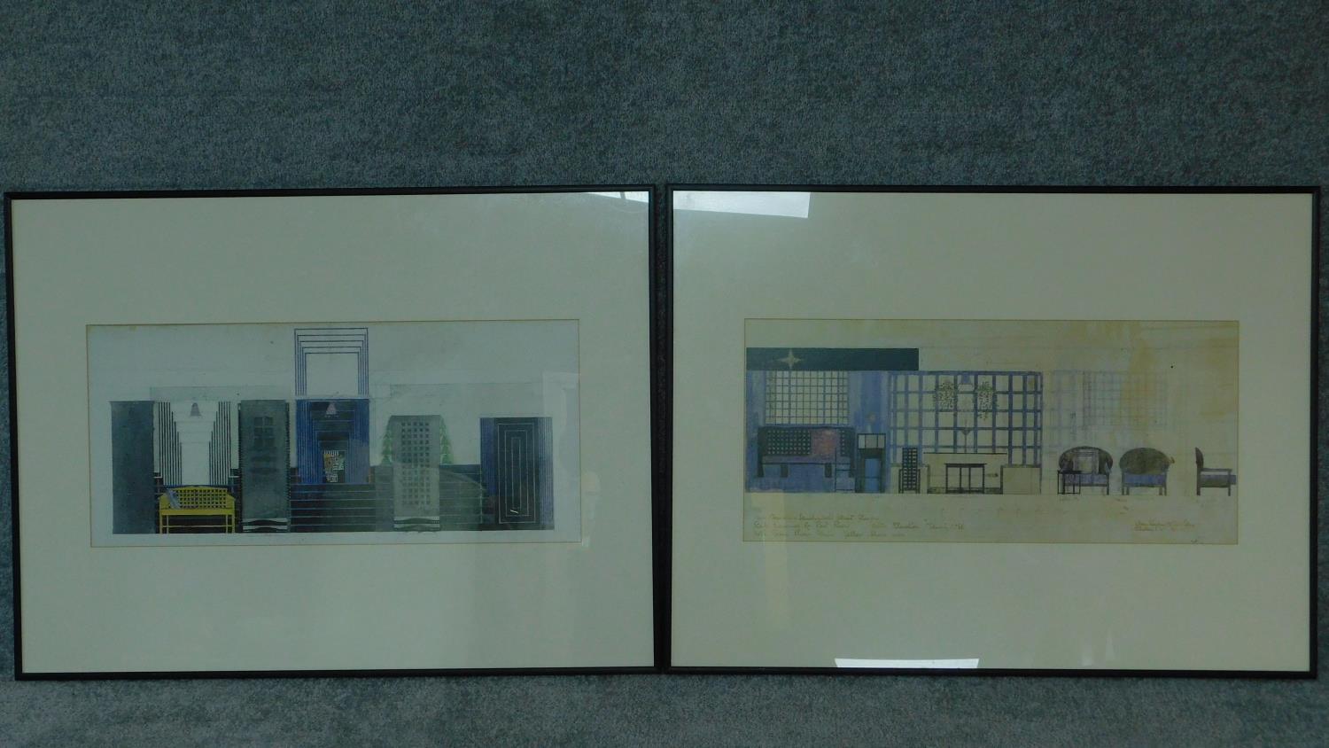 A pair of framed and glazed prints of interior designs. 61x82cm