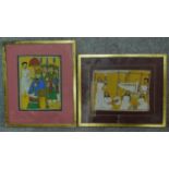 Two framed and glazed watercolours, each depicting naive scenes, one showing