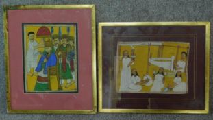 Two framed and glazed watercolours, each depicting naive scenes, one showing