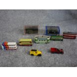 A boxed diecast corgi omnibus, a diecast corgi tram, routemaster and single decker bus and other