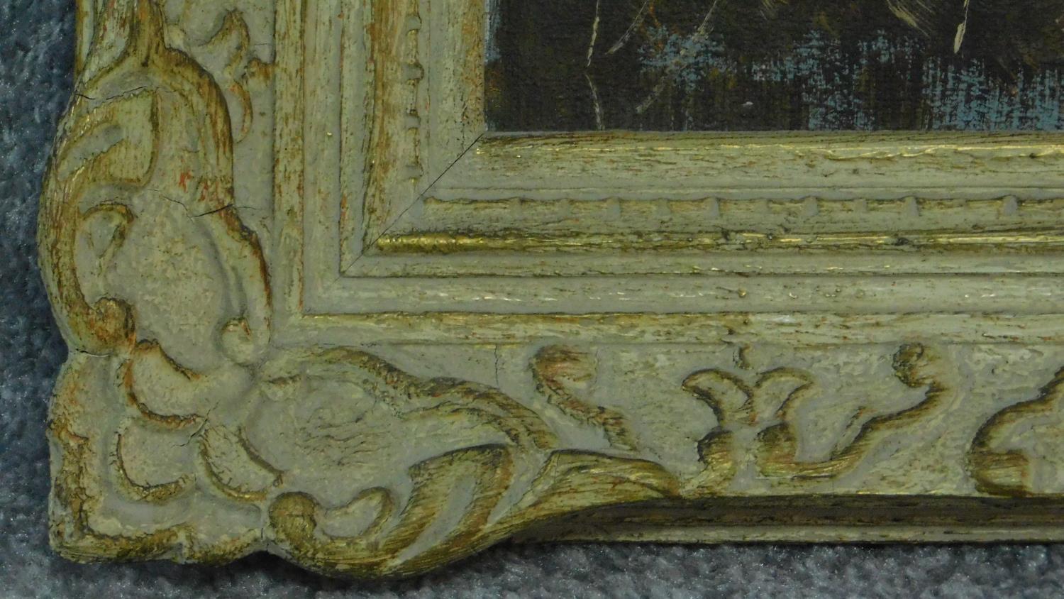 A gilt framed oval oil on board, flowers, an oil on canvas lake scene and and a pastel portrait of a - Image 8 of 9