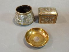 Cairoware box, vase and dish. 19th Century. Inlaid with White metal and copper. Box has push catch