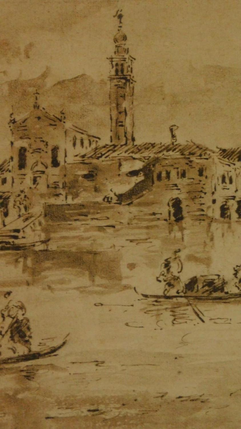 A gilt framed and glazed ink drawing in the manner of Guardi, Venetian canal, unsigned. 41x34cm - Image 2 of 3