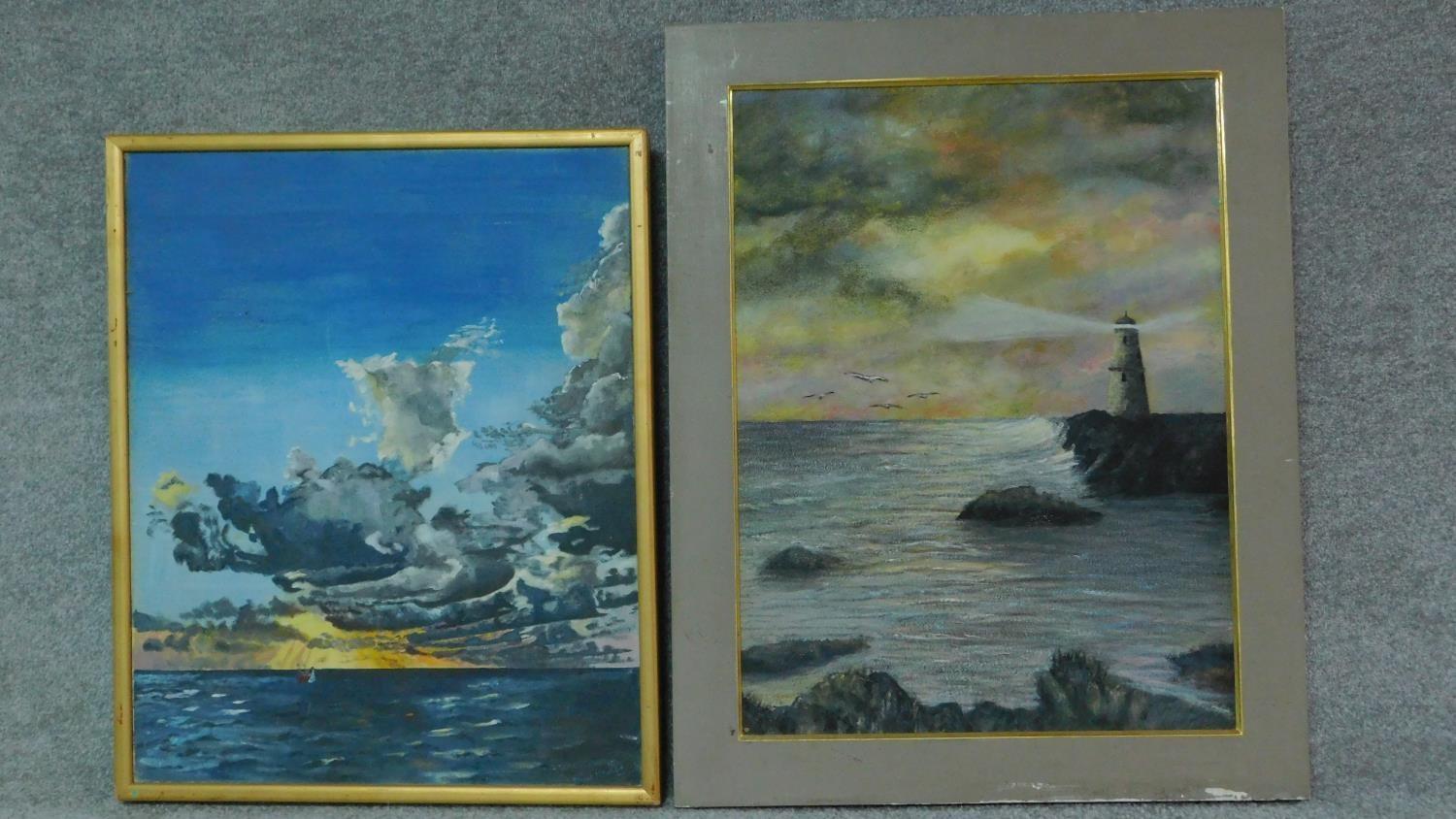 A framed oil on canvas, lighthouse and another of a distant storm at sea. 93x74cm (largest)