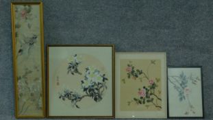 A collection of four framed and glazed Chinese silk embroderies and paintings on silk; flowers.