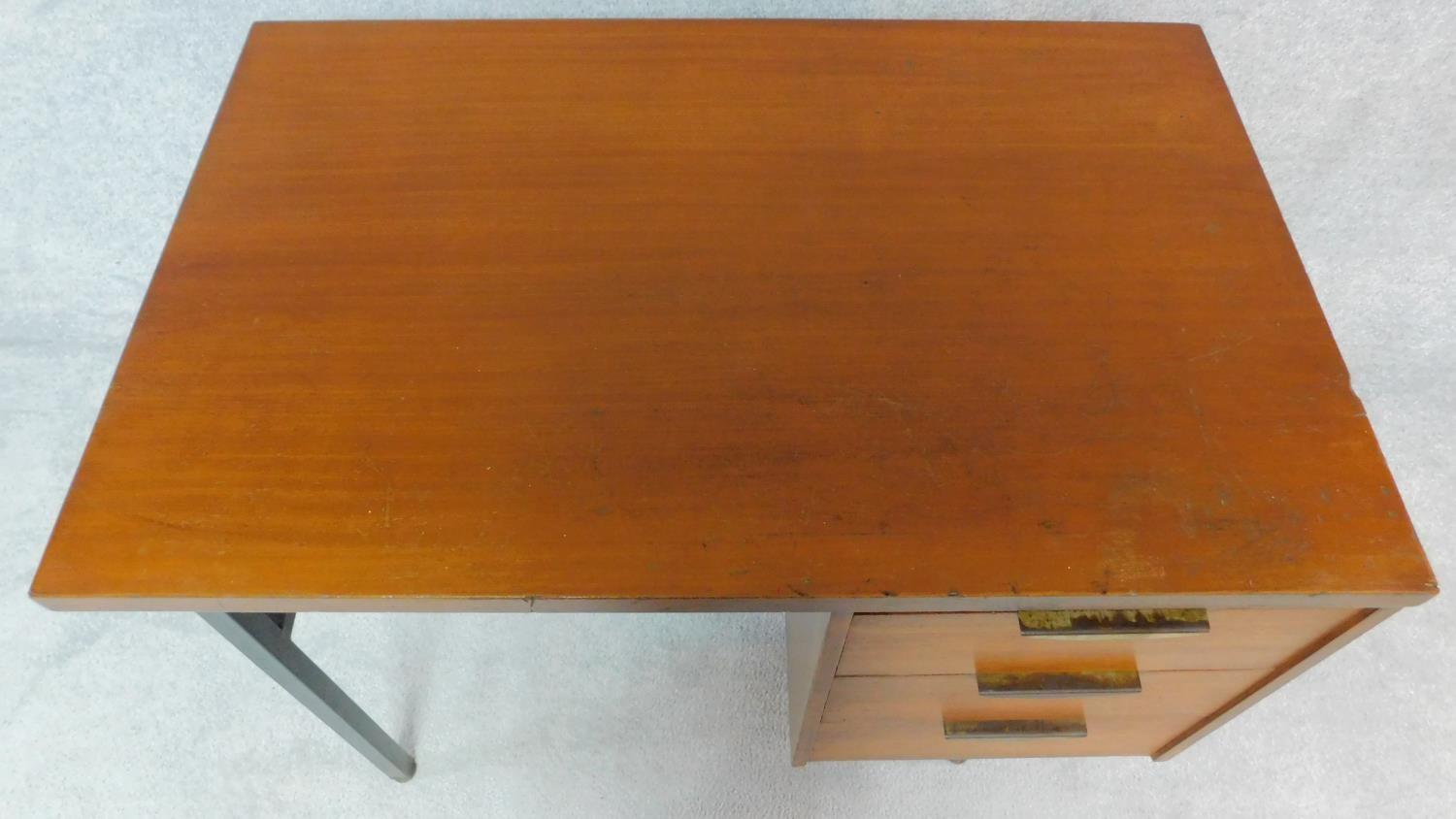 A 1950's vintage teak and metal framed pedestal desk by evertaut formula furniture, stamped to the - Image 3 of 4