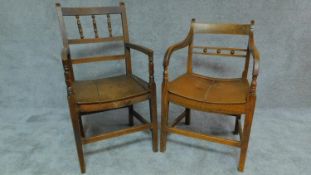 A 19th century country elm armchair with solid seat and another similar in oak. H.93 (tallest)