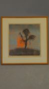 A glazed and framed woodcut, signed and numbered by the artist, African Sunset. 46x46cm