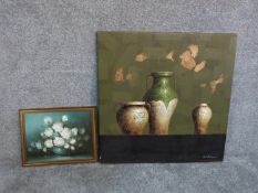 Two modern oil paintings, one of still life of roses in a bowl and one of still life of three vases