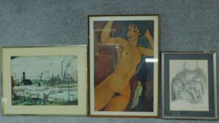 Two framed and glazed prints and a framed and glazed pencil drawing, armchair, signed. 85x59cm