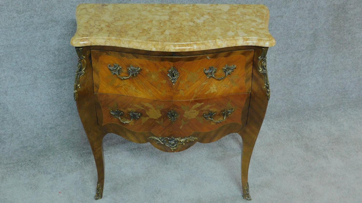 A Louis XV style kingwood marquetry floral and foliate inlaid commode with moulded marble top - Image 3 of 8