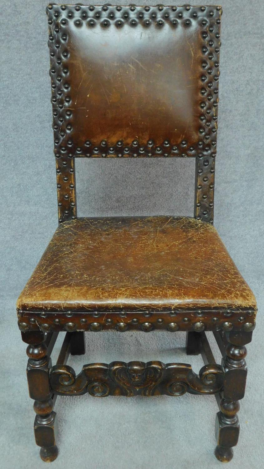 A pair of Carolean style oak framed leather studded and upholstered hall chairs. H.99cm - Image 2 of 8