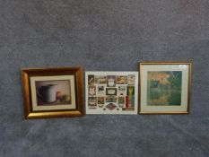 A collection of three framed prints, one of various beer labels, one of a still life and one of a