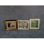 A collection of three framed prints, one of various beer labels, one of a still life and one of a