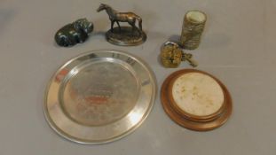A mixed lot including, brass padlock, sculpture of a horse, marble and wooden coaster, ceramic vase,