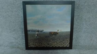 A framed oil painting of Plowing with Cows by G. Tincu. H. 56cm W. 56cm
